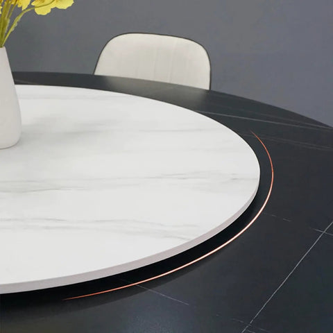 Corner view of Marble Round Table Lazy Susan Turntable for Dining Room - 12mm thick, bright white, 120 cm diameter, smooth rotation on table.