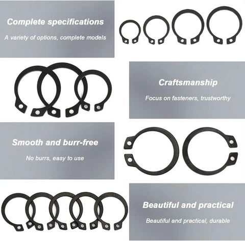 Top Notch 100 Piece External Circlip Set showing black 65Mn spring steel circlips, various sizes for auto repair applications.