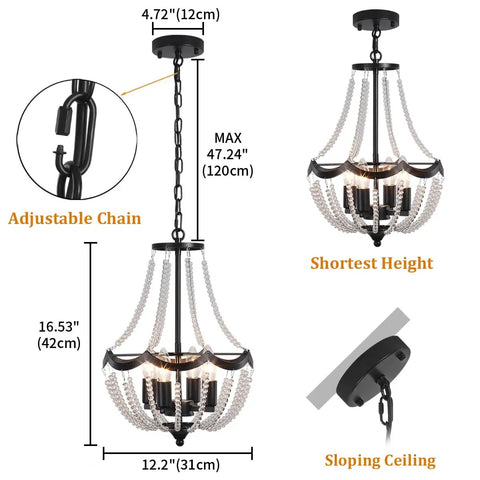 Diagram of Crystal Four Light Chandelier Black Farmhouse Pendant Fixture with adjustable chain for sloping ceiling installation.