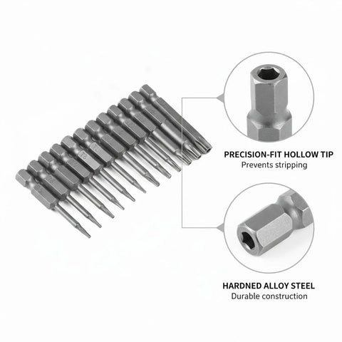 Awesome Hollow Torx Screwdriver Bit Set Made From Tough Alloy Steel With Center Pin Hole. This 11-Piece Kit Slams Into Electronics And Appliance Repairs Without Stripping Heads For Smooth Driving Every Single Time. 11-piece hollow Torx bits, alloy steel