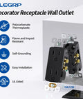Glossy Black Decorator Receptacle Outlet 15A 125V 2 Pole 3 Wire No Tamper Resistant NEMA 5 15R Self Grounding UL Listed