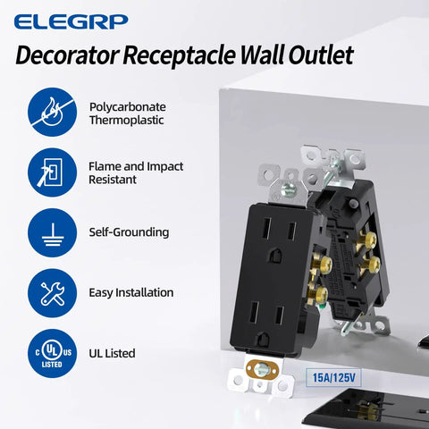 Glossy Black Decorator Receptacle Outlet 15A 125V 2 Pole 3 Wire No Tamper Resistant NEMA 5 15R Self Grounding UL Listed