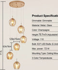 Dimmable Glass Globe Pendant Light Fixture With Champagne Finish, Modern LED Hanging Lamp, adjustable cords, six light chandelier