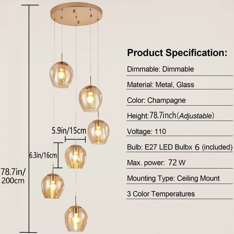 Dimmable Glass Globe Pendant Light Fixture With Champagne Finish, Modern LED Hanging Lamp, adjustable cords, six light chandelier