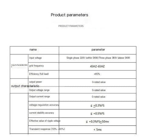 Product parameters table for Pro Grade 5KW DC Regulated Power Supply, showing input voltage, efficiency and output characteristics.