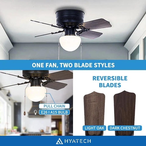 30 Inch Hugger Ceiling Fan With Pull Chain Low Profile Flush Mount Reversible Blades Matte Black, light oak and dark chestnut blades