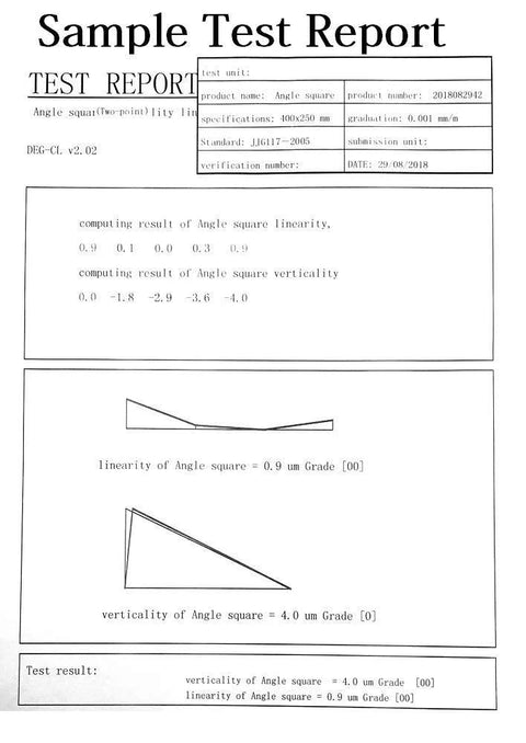 Angle square test report page with specification table and diagrams.