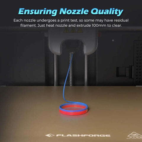 Beefy High-Flow Nozzle for Stable High-Speed Printing, Adventurer 5M Pro 0.25mm with test filament on print bed.