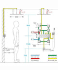 Diagram of Heavy Duty Square Canopy Shower System layout showing installation dimensions and plumbing connections.