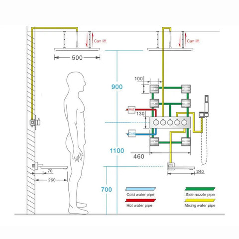 Diagram of Heavy Duty Square Canopy Shower System layout showing installation dimensions and plumbing connections.
