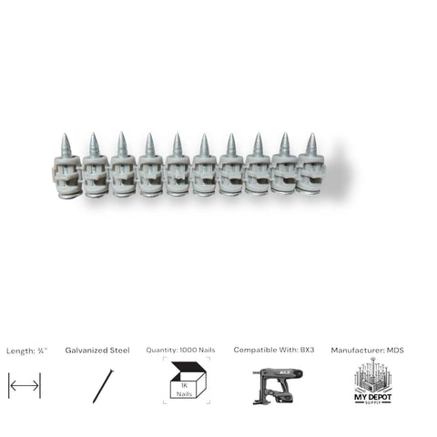 Three Quarters Inch Concrete Nails For BX3 Nailers, Carbon Steel, Flat Head, Shoot Drive Fasteners in a row