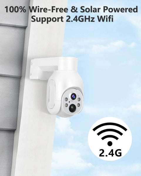 2K Solar Powered Outdoor Security Camera With Pan Tilt Zoom mounted on a wall, showing PIR Motion Sensor and Two-Way Audio feature.