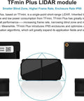 TFmini Plus LiDAR module with smaller blind zone, higher frame rate, IP65 enclosure shown in black, multiple views.