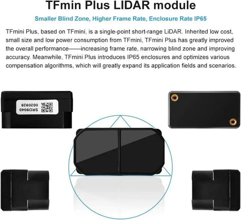 TFmini Plus LiDAR module with smaller blind zone, higher frame rate, IP65 enclosure shown in black, multiple views.