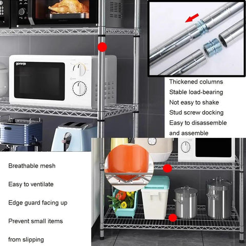 4 Tier Stainless Steel Storage Rack Heavy Duty Utility Shelf With Sweet Rolling Casters And No Hassle Adjustable Height For Kitchen Garage Office Space Saving Wire Shelving Rack close-up of stable load-bearing columns and breathable mesh.