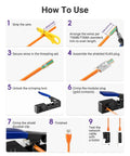 Step-by-step guide using RJ45 Crimp Tool Kit For Pass-Through Ethernet Connectors Cat7 Cat6a Cat6 Cat5e Cat5, tools shown in use.