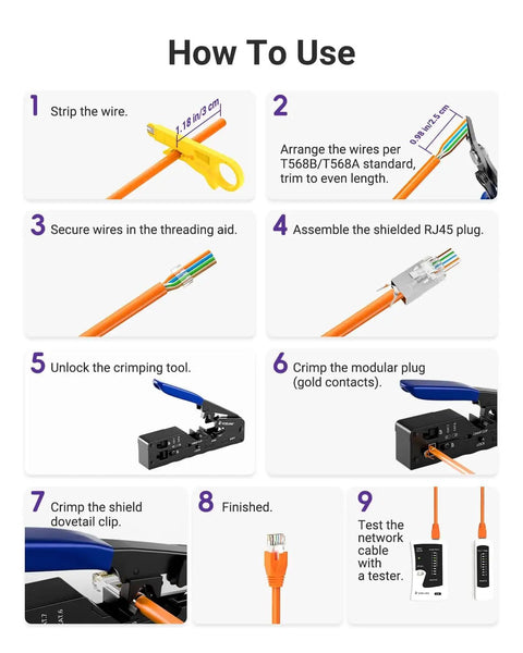 Step-by-step guide using RJ45 Crimp Tool Kit For Pass-Through Ethernet Connectors Cat7 Cat6a Cat6 Cat5e Cat5, tools shown in use.