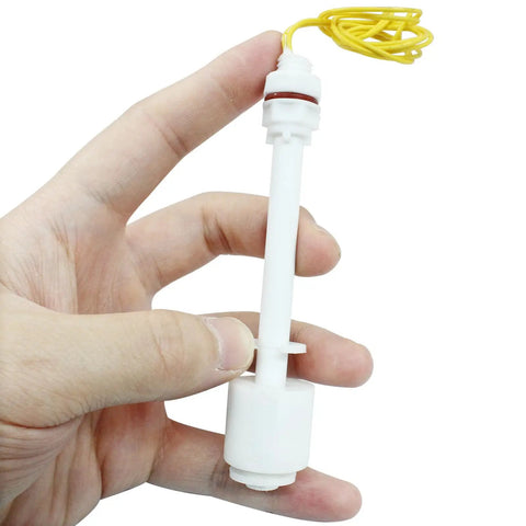Hand holding 2 Pack PP Plastic Float Switch for water pumps, white housing, yellow wire, magnetic spring sensor for liquid level sensing.