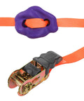 Purple resin climbing hold with orange ratchet strap from 18 Piece Tree Climbing Holds Set With Six Ten Foot Ratchet Straps For Outdoor Tree Climbing Kit Ideal For Backyard Gyms Obstacle Courses And Nature Play.