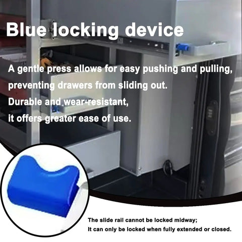 76mm Heavy Duty Ball Bearing Drawer Slides Full Extension For Truck Cabinets With Auto Locking Mechanism To Prevent Drawer Drift During Travel Secure Tool Storage For Work Trucks And RVs, blue locking device