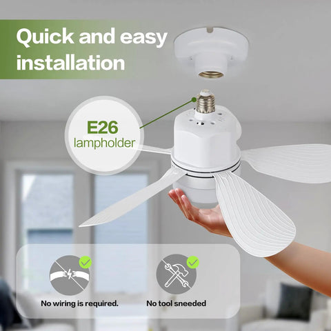 Close-up of Socket Ceiling Fan Light With Remote Control, showing E26 lampholder and easy installation instructions.
