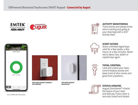 Smooth Operator Smart Deadbolt With Touchscreen Keypad And August Wi Fi Compatibility showing app control and August Connect Wi-Fi Bridge.
