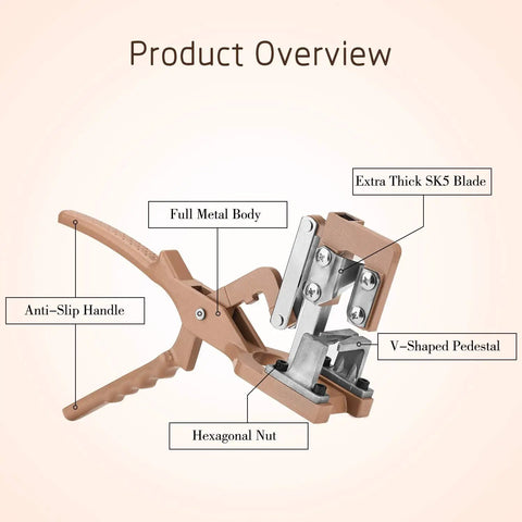 V Cut Grafting Tool for Large Branches with full metal body, SK5 blade, and anti-slip handle showing detailed product features.