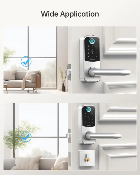 Smart Door Lock No Fuss With Keypad And Fingerprint Biometric Bluetooth Digital Entry installed on modern apartment door.