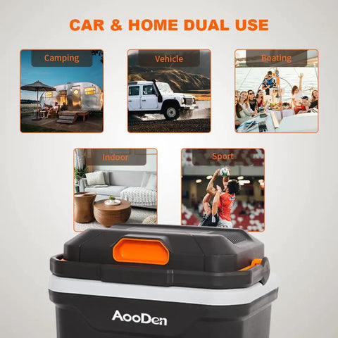 Keep Those Cold Ones Frosty Or Toasty On The Highway In This 26 Quart Electric Car Cooler And Warmer, showcasing dual use in camping, vehicles, boating, and indoor activities.