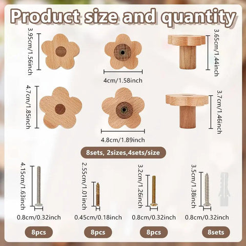 8 Piece Flower Wood Cabinet Knobs Set In Burlywood Two Sizes Cute Floral Drawer Pulls For Dressers And Furniture Hardware with sizes