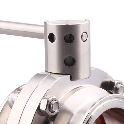 Close-up of Sanitary Butterfly Valve With Pull Handle Stainless Steel 304 Tri Clamp Clover Two Point Five Inch Tube OD
