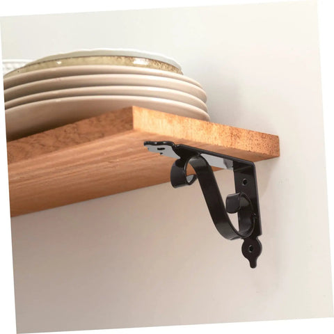 Heavy Duty Iron Triangle Shelf Brackets Black Metal Corner Supports 4 Pack holding wooden shelf with plates.