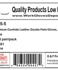 Label for Premium Suede Double Palm And Index Finger Work Gloves With Two And A Half Inch Rubberized Safety Cuff Five Pair Pack Large