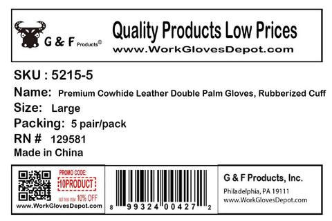 Label for Premium Suede Double Palm And Index Finger Work Gloves With Two And A Half Inch Rubberized Safety Cuff Five Pair Pack Large