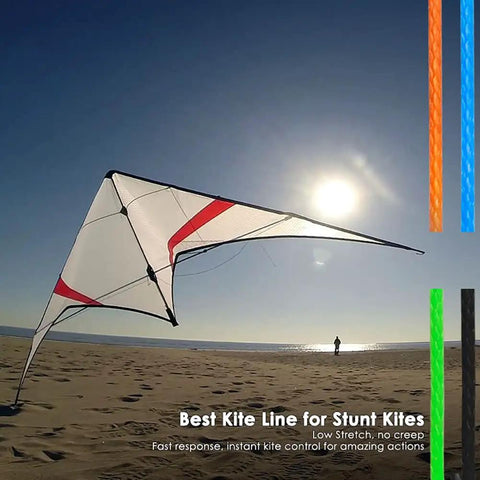 Stunt kite flying on a sunny beach with colored kite lines shown, showcasing 0.8mm UHMWPE Micro Cord Rope Whipping Twine For Heavy Duty Canvas Tarps And Bags Survival And Backpacking Emergency Line 100 Ft Length 220 Lb Break Strength Self Lubricating Abrasion Resistant Utility Cord.