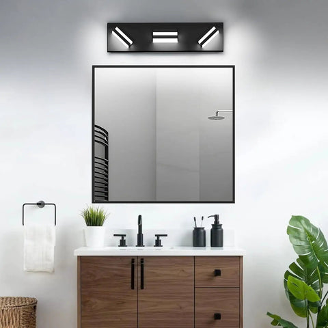 No Sweat Dimmable Led Bathroom Light Fixture Three Bulb Vanity Wall Lamp above a modern bathroom mirror.
