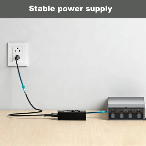 2 Pro Switching Adapter 24V Power Adapter For Bambu Lab AMS 2 Pro Automatic Material System, Plug And Play Compatible With ADS-96HLA-19-1 24096E, Safe 24V Cord Charger For Reliable Filament Feeding And Quick Swaps. Black power adapter connected to Bambu Lab AMS 2 Pro on a desk.