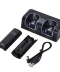 Black dual charging station for game controllers with power cord included, shown with battery compartments and USB cord.