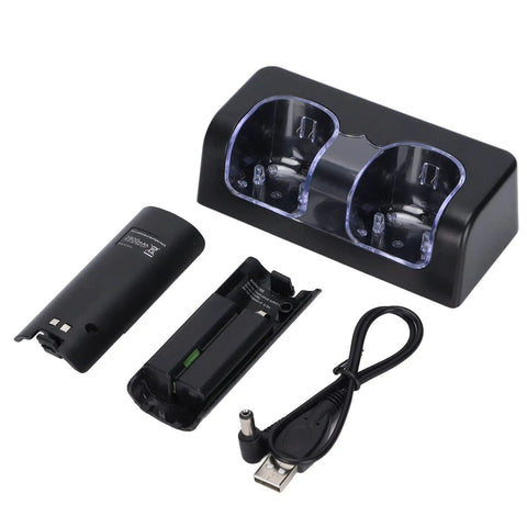 Black dual charging station for game controllers with power cord included, shown with battery compartments and USB cord.