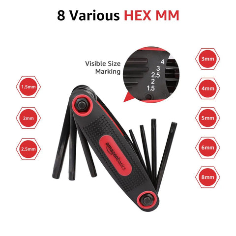 Folding Hex Key Set With Metric, SAE And Torx Sizes, Chrome Vanadium Steel, 3 Pack, visible size markings for light home DIY use