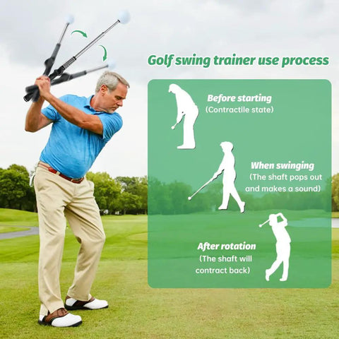 Man using Retractable Golf Tempo Trainer Stick For Right Handed Players Click Cue Drill Tool On The Go Extendable Swing Aid in golf course.
