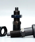 Top Tier M8 Spring Knob Plunger Featuring Slick Retraction And Ball Loaded Indexing Pin For Toolboxes And Industrial Panels. Close-up view of plunger with hex nut.