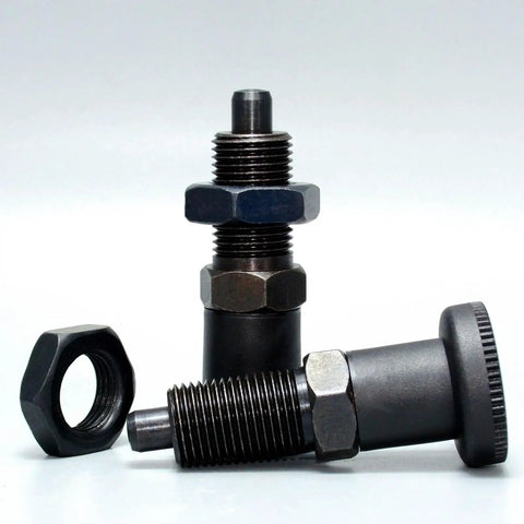 Top Tier M8 Spring Knob Plunger Featuring Slick Retraction And Ball Loaded Indexing Pin For Toolboxes And Industrial Panels. Close-up view of plunger with hex nut.