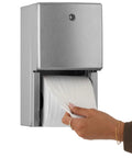 Surface Mounted Dual Roll Toilet Paper Dispenser In Satin Stainless Steel, ADA Compliant, holds two standard rolls in use.