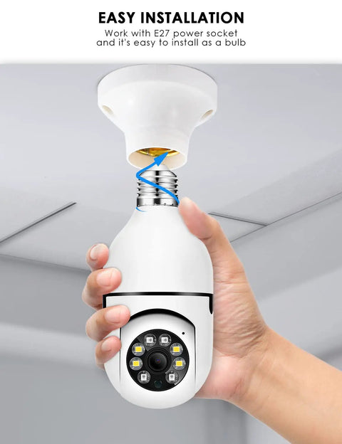 Light Bulb Security Camera With 1080P Full HD, 360 Degree Panoramic View, 2.4Ghz Wireless WiFi, shown being installed in socket