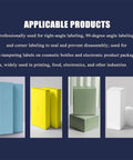 Top Notch Automatic Right Angle Labeling Machine, 90 Degree Corner Applicator for labeling colored packaging boxes.