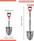 Dimensions chart of a round garden shovel with fiberglass handle and 1050MN steel blade, 43 inches long for heavy duty digging.