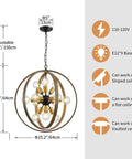 12 Light Farmhouse Dining Room Chandelier With Adjustable Chain In Oak And Brass Finish, Rustic Globe Pendant Light Fixture, specs diagram