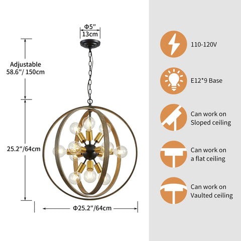 12 Light Farmhouse Dining Room Chandelier With Adjustable Chain In Oak And Brass Finish, Rustic Globe Pendant Light Fixture, specs diagram