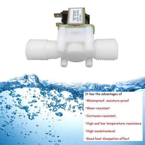Two Pack Half Inch Thread Plastic Electric Solenoid Valve With Water Inlet Flow Switch Magnetic Normally Closed DC 12V shown with features list